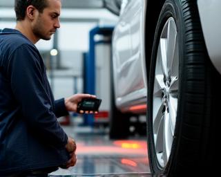 Técnico alineando neumáticos de coche moderno